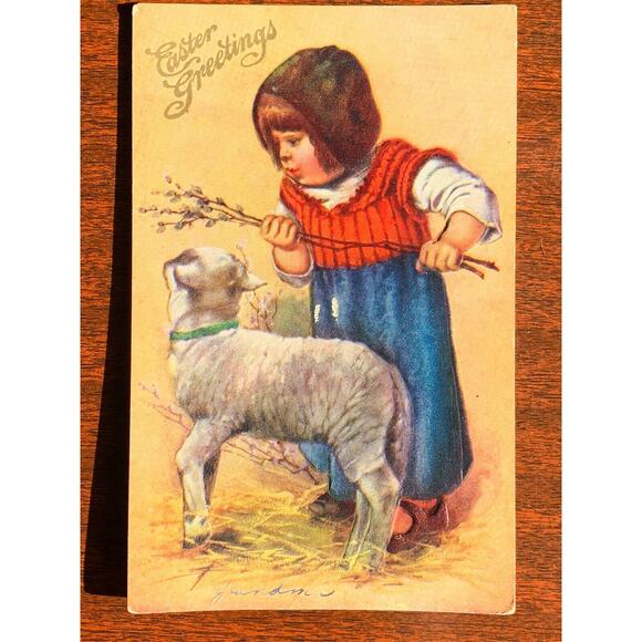 Antique 1920s Ephemera Easter Card Baby Girl W/ Lamb Embossed Used But Unposted - Picture 2 of 3
